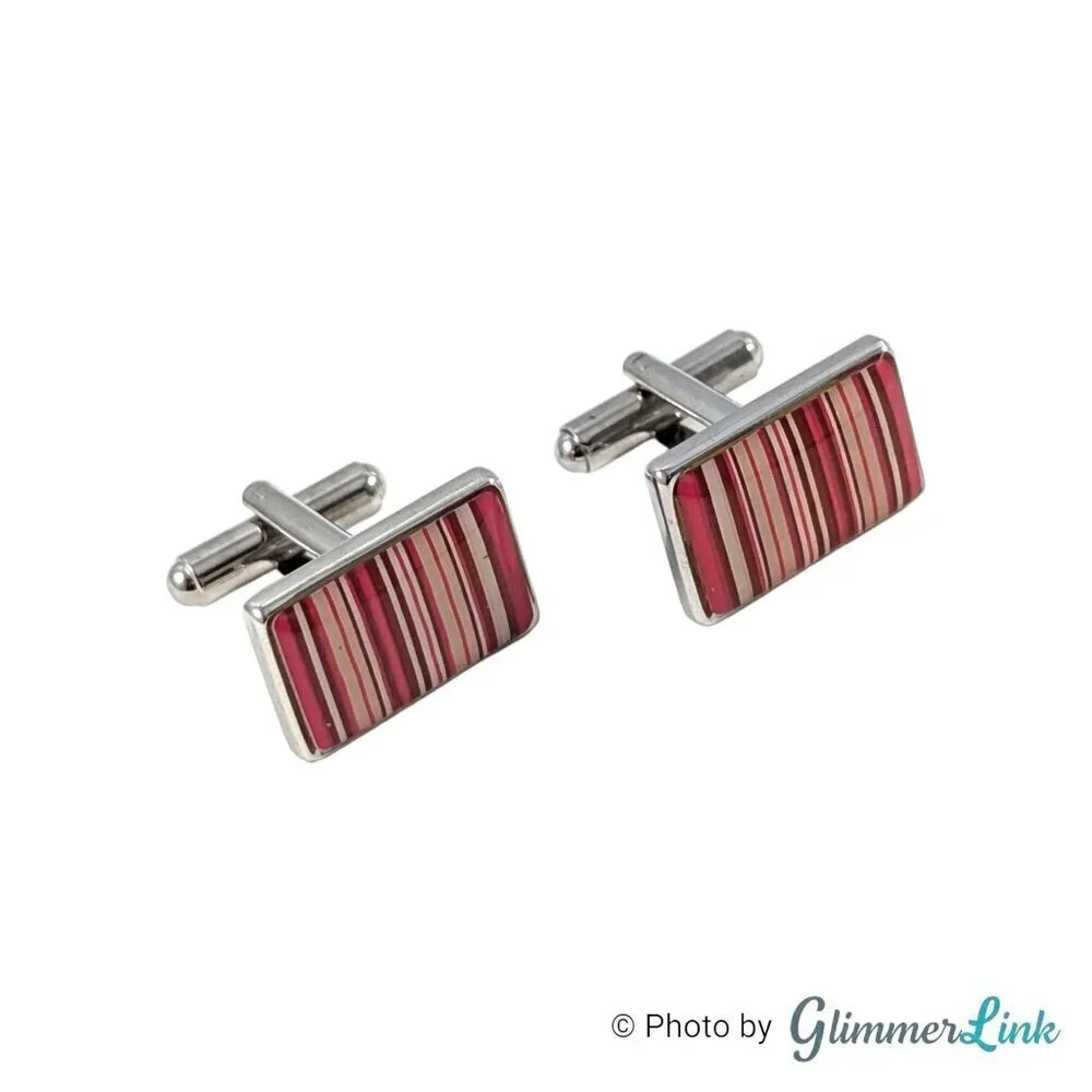 Rectangle Vertical Parallel Pink Bar Line Stripes Silver Tone Cufflinks